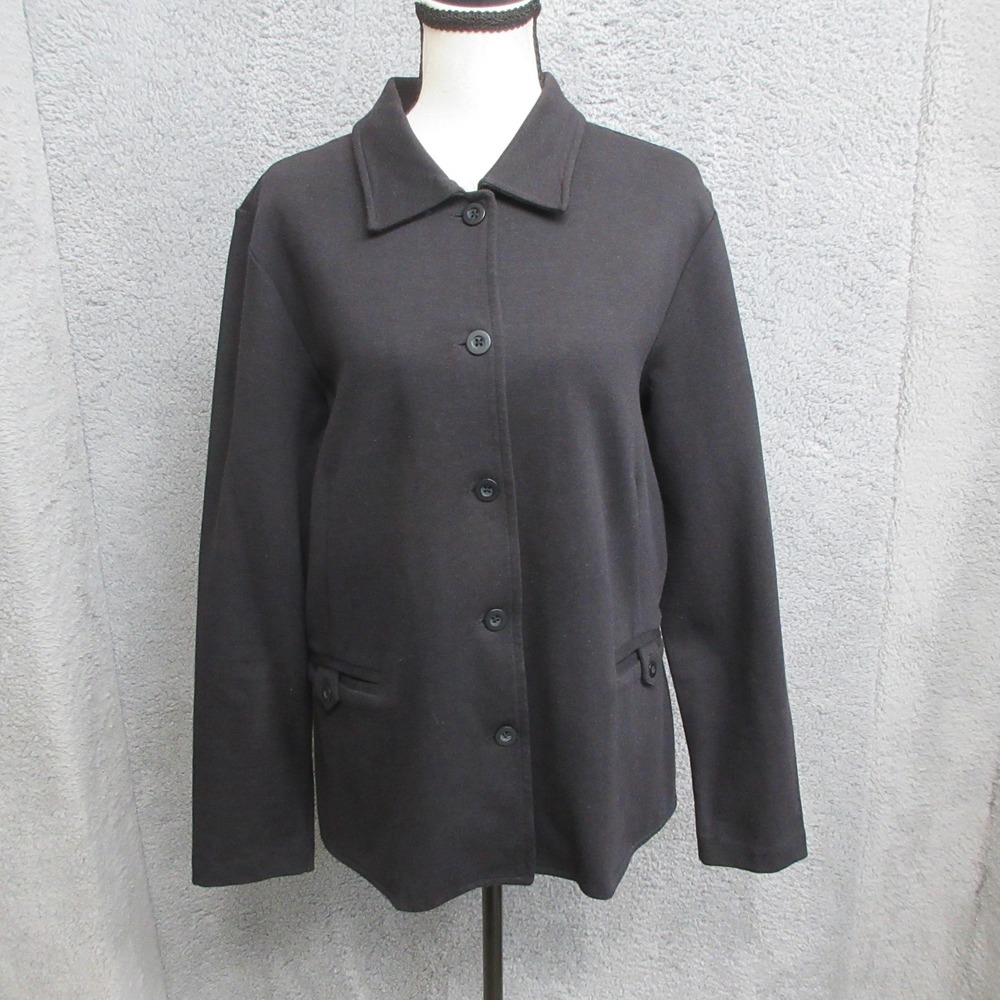 Talbots Ponte Knit Jacket Women L Black Button Stretch Work Blazer Quiet luxury
